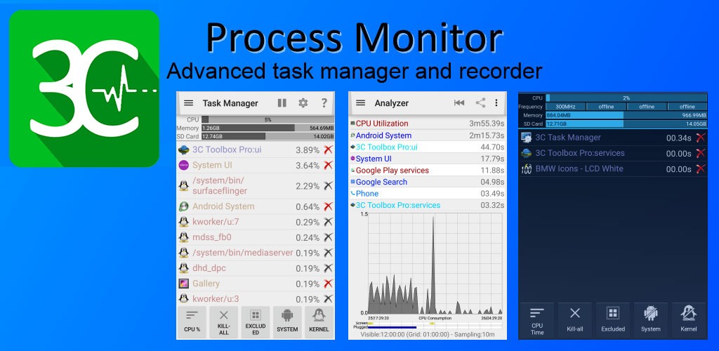 دانلود 3.0.1 3C Process Monitor Pro‏ نرم افزار مدیریت وظیفه اندروید